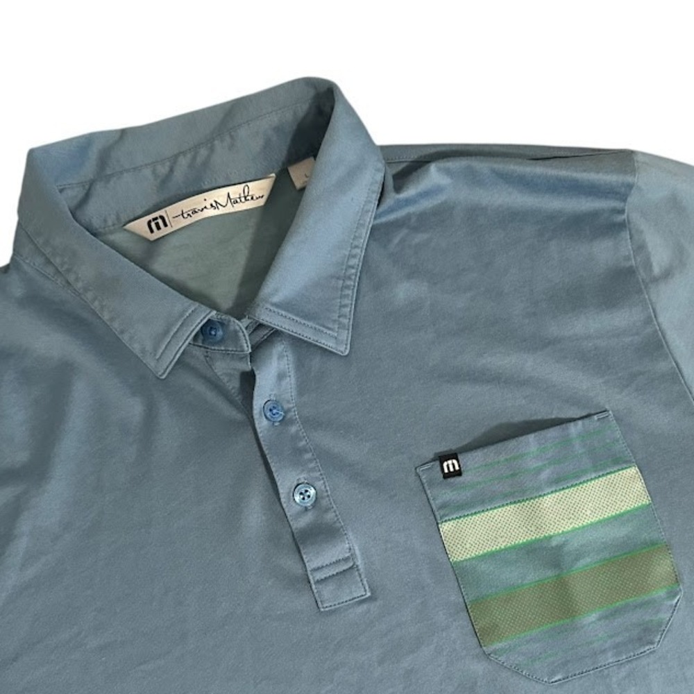 Travis Mathew Blue Stripe Pocket Performance‎ Golf Polo Shirt Mens L